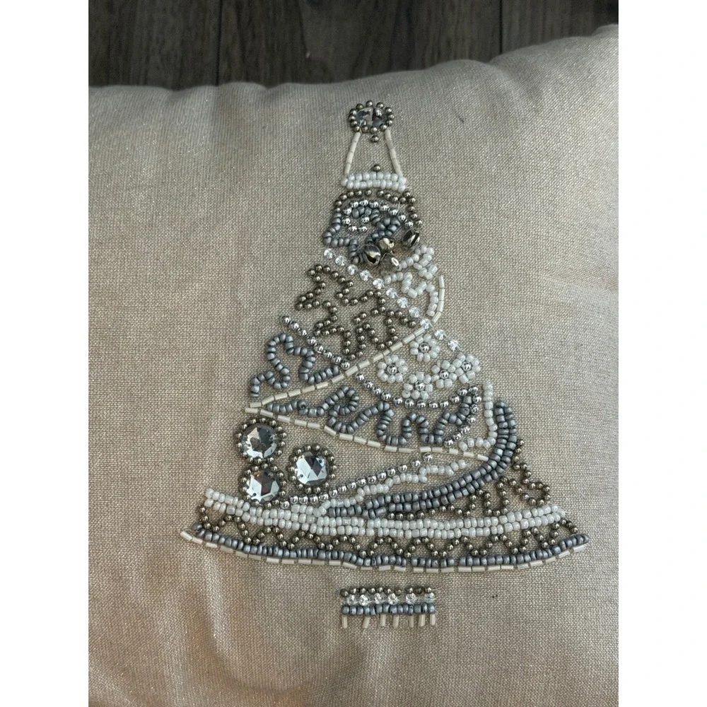 Pier 1 Champagne Beaded Christmas Tree Accent Lumbar Pillow 24